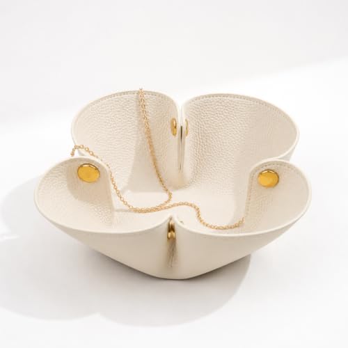 Grained Faux Leather Valet Tray, Aesthetic Flower Jewelry Tray for Rings, Watches, Earrings, Portable Catch All Tray for Keys, Scrunchie, Electronic Gadgets, Nightstand Bedside Valet Holder, White