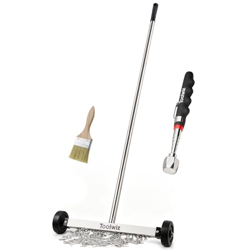 Toolwiz 15" Rolling Magnetic Sweeper 10lbs, with 16 lbs Telescopic Magnetic Pick Up tools – Lightweight Pick-up Sweeper with Wheels for Nails, Screws & Metal Debris Home Use Workshop Garage