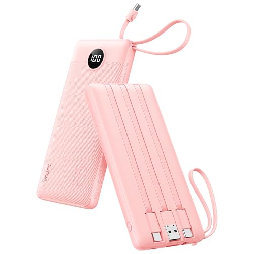 VRURC Portable Charger Power Bank, Built-in 4 Cables & 2 Ports,10000mAh Slim Battery Pack with LED Display, Travel Essential USB C Portable Phone Charger for All Cell Phones Devices-Pink(1 Pack)