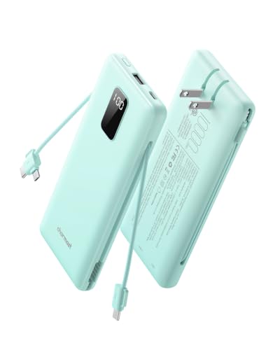 charmast Portable Charger Power Bank 10000mAh with Built-in AC Wall Plug | Built-in Cables,5 Outputs,Flight-Safe,Slim Travel Phone Charger for iPhone 17 14,Samsung Galaxy,iPad,Android,Smartwatch,etc