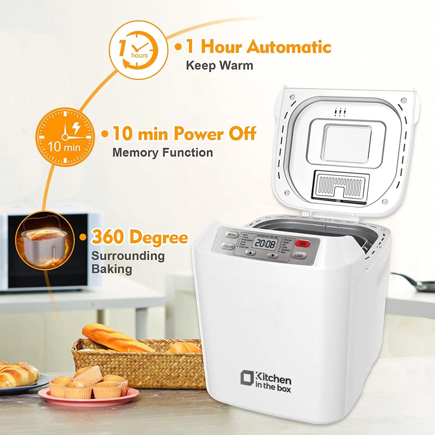 Kitchen in the box 2lb Bread Machine with Auto Fruit Nut Dispenser, 12 Presets Bread Maker Gluten-Free Setting, 13 Hour Delay Timer, White