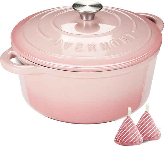 Overmont Enameled Cast Iron Dutch Oven - 5.5QT Pot with Lid Cookbook & Cotton Potholders - Heavy-Duty Cookware for Braising, Stews, Roasting, Bread Baking pink