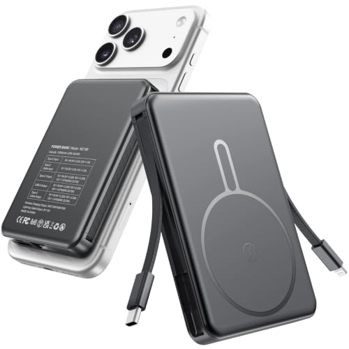 Magnetic Portable Charger 10000mAh for Magsafe Power Bank Built in Cables | 22.5W Fast Charging Battery Pack Wireless Battery Bank Travel Essential for iPhone 18/17/16/15/14/13/12 etc Black