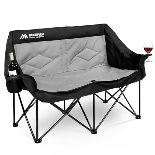 Oversized Double Camping Chairs for Adults, 2 Person Camping Chair, Black | Heavy Duty Outdoor Camping Couch with Cup Holders, Portable Folding Chair for Outside Lawn