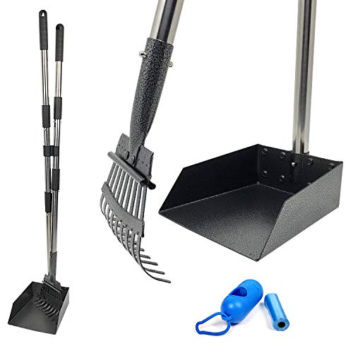 Pet Fit For Life Pooper Scooper Adjustable Long Handle Metal Tray, Rake and Spade/Tray Poop Scoop, Pet Waste Removal Pooper Scooper for Large Medium Small Dogs and Pets