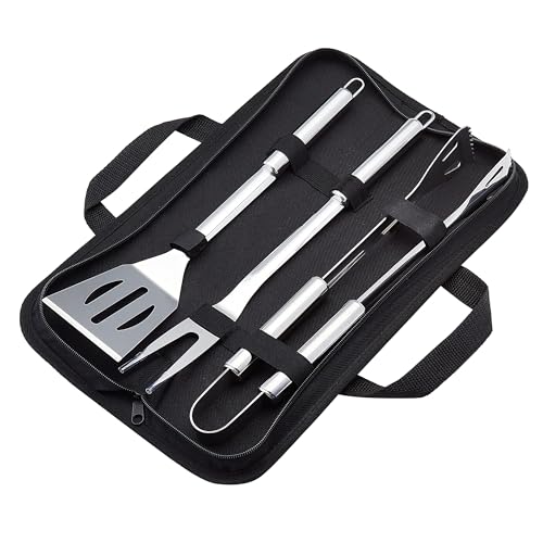 Amazon Basics 4-Piece Stainless Steel BBQ Grilling Tool Set with Carry Bag, Rust-Resistant, Dishwasher Safe