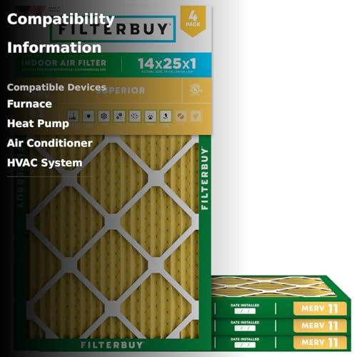 Filterbuy 14x25x1 Air Filter MERV 11 (MPR 1200) Allergen Defense Replacement (4-Pack), Electrostatic Pleated HVAC AC Furnace Filters, Made in USA (Actual Size: 13.50 x 24.50 x 0.75)