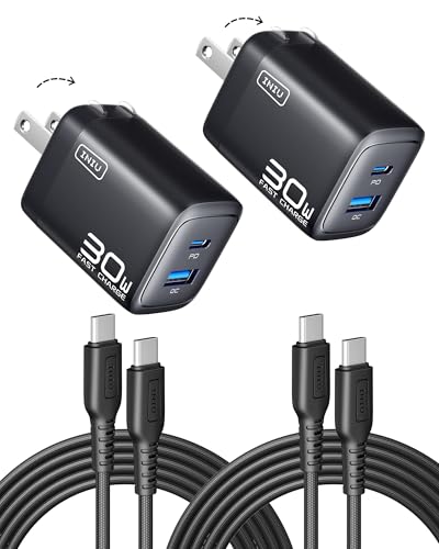 INIU Mini USB C Charger, 30W GaN Fast Charging ETL Certified Wall Adapter Block with Samrt Phone Protection, Dual Port with 5ft Type C Cable for iPhone 17 iPad Samsung Google Pixel Switch etc [2-Pack]
