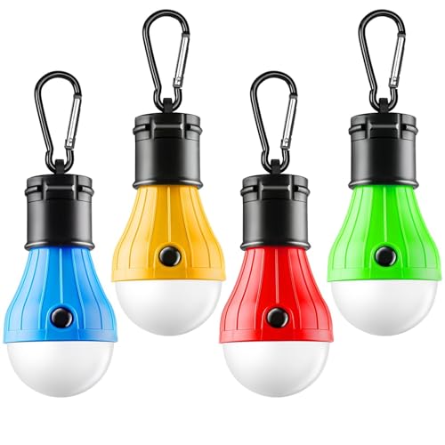 FLY2SKY Portable LED Tent Lamp, Clip Hook Hurricane Emergency Light Bulb, Camping Equipment Lanterns for Hiking, Backpacking Outage, B-CLOSED-HOOK, 4 Packs