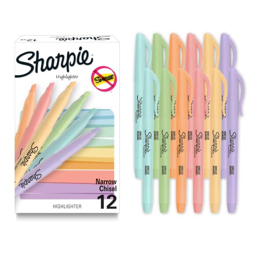 Sharpie Pocket Highlighters, Mild Pastel Colors, Assorted, Chisel Tip, 12 Count