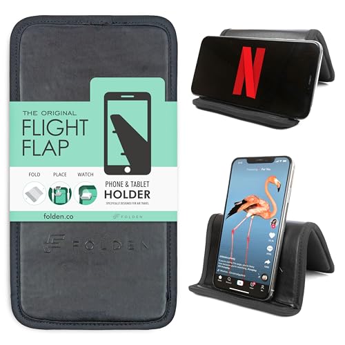 Airplane Phone Holder, Flexible Cell Phone Holder, Folding Cellphone Stand for Desk, Bed, Office, Treadmill - Airplane Gadgets for Long Travel Accessories - Plane Essentials (Vegan Leather)