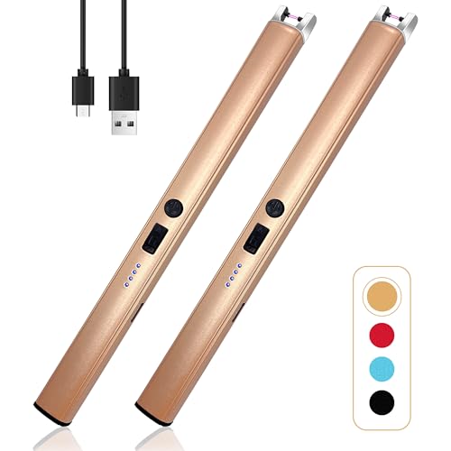 2 PCS Candle Lighter,Windproof Flameless Electric Lighter with LED Power Display & Safety Switch, Upgraded Plasma USB Rechargeable Lighters for Birthday Camping BBQ (Champagne Gold)