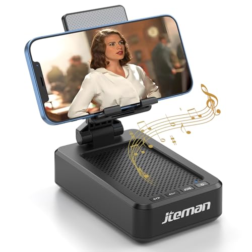 JTEMAN Cell Phone Stand with Bluetooth Speaker, HD Stereo Sound & Anti-Slip Base, Foldable Adjustable Desktop Phone Holder for Home Office, Cool Tech Gadgets Birthday Gifts for Men Women (Black)
