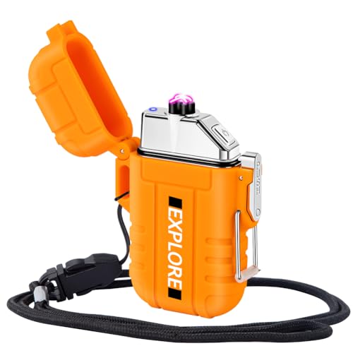 LcFun Waterproof Outdoor Electric Lighter USB C Rechargeable, Windproof Flameless Dual Arc Plasma Lighters with Portable Lanyard for Adventure, Survival Tactical, Camping Gadgets for Men (Orange)
