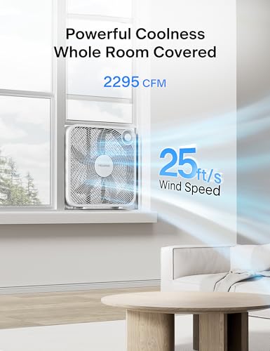 PELONIS 20 Inch Box Fan – 3 Speeds, Window Fans, Floor or Tabletop, 25ft/s, 2025 Upgraded, Superior Air Throw (2295 CFM), Lightweight, 5 Blades, Fans for Bedroom, Office, Living Room, Garage