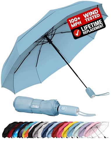 Windproof Travel Umbrella - Compact & Withstands Winds up to 100MPH, Strongest Premium Auto Folding Umbrella for Rain and Sun - Durable, Light & Portable for Women & Men, Fits Backpack & Cars