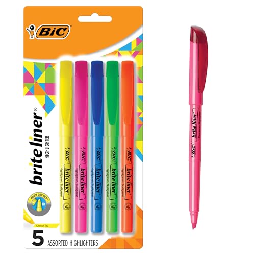BIC Brite Liner Highlighters, Chisel Tip, School Supplies for Students and Teachers, Ideal for Notes, Textbooks, and Classroom Use, 5-Count Pack in Assorted Colors
