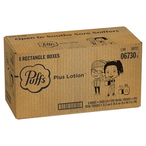 Puffs Plus Lotion Facial Tissues, 8 Family Boxes, 124 Facial Tissues per Box, Allergies and Colds