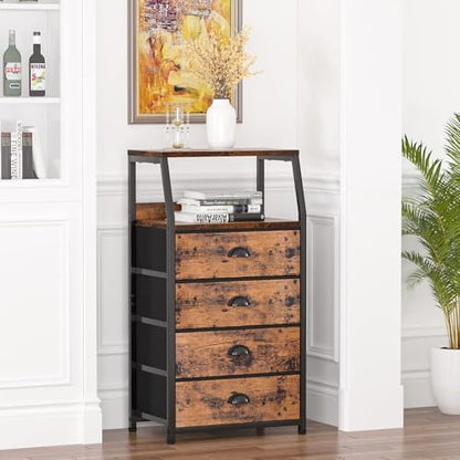 Furnulem Night Stand, Tall 4 Drawers Dresser for Bedroom, Hallway, Nursery, Closet Organizer, Nightstand Bedside Table Furniture, Vertical Storage Tower Fabric, Sturdy Steel Frame, Wood Top