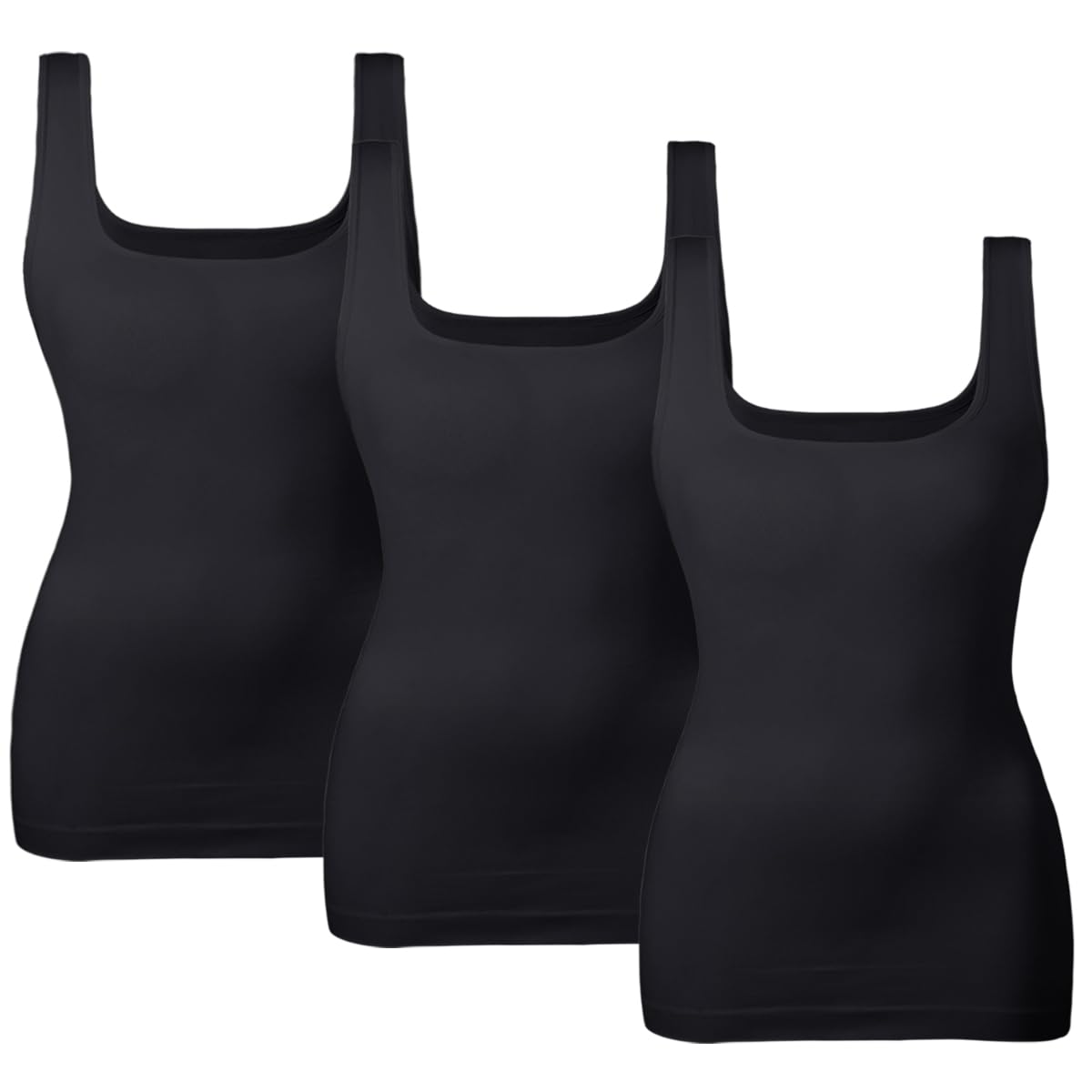 EUYZOU Women's 3PK Tummy Control Shapewear Tank Tops Seamless Square Neck Compression Tops Slimming Body Shaper Camisole-Black XL