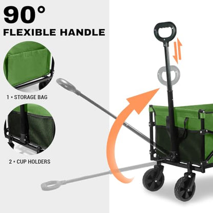 Collapsible Wagon 352LBS Capacity, Foldable Large Carts, Heavy Duty Outdoor Folding Cart with All-Terrain Wheels, Utility Garden Beach Wagon with Storage Bag Green