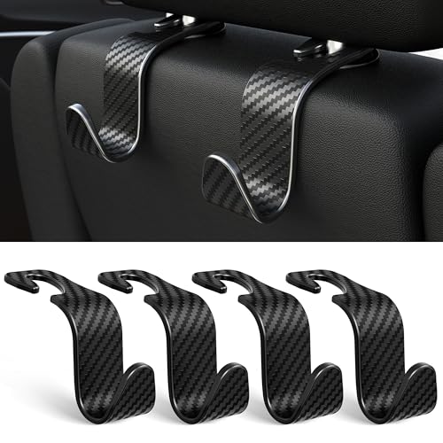 Amooca 4-Pack Car Headrest Hooks Vehicle Storage Organizer for Purses Handbags Groceries Coats – Holds 55lbs 360° Rotating Simple Design Black Checkered