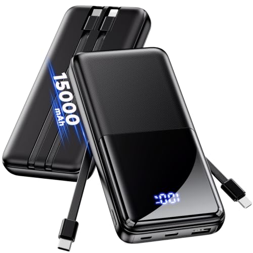 Portable Charger Power Bank - Slim 15000mAh 50% Larger Capacity Battery Pack, USB C 22.5W Fast Charging Powerbank with Built-in Cable, Travel Essential Phone Charger for iPhone Samsung Google Android