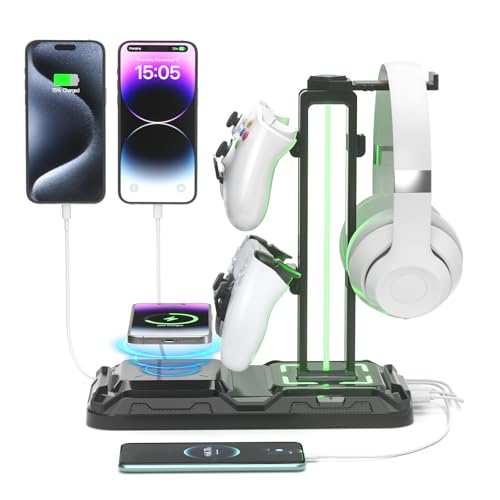 KDD Headphone & Controller Stand with Wireless Charging - Rotatable Headset Stand with 9 Light Modes - Controller Holder with 2 USB and Type C Ports - for Gamers Desktop Accessories