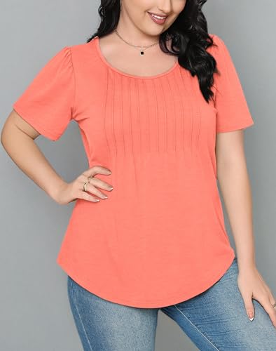 Summer Tops for Women Puff Short Sleeve Loose Fit Scooped Neck T Shirts Beach Fashion Coral M
