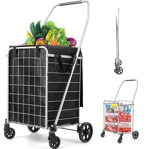 Shopping Cart with 360° Rolling Swivel Wheels, Portable Utility Cart for Grocery, Folding Shopping Cart with Waterproof Basket Liner, Collapsible Cart 120lbs, Sliver