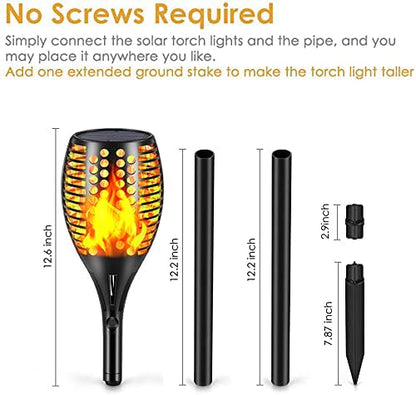 Solar Flame Light, 43’ Flashing Flame Flashlight Outdoor Waterproof Landscape Decorative Lighting Dusk to Dawn Auto On/Off Safety Flame Lights for Patio Garden Path Driveway 4 packs (Round hole flame)