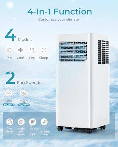 EUHOMY 10,000 BTU Portable Air Conditioners, 4 in 1 Portable AC with Cool, Dry, Fan, Sleep Modes, Room Air Conditioners with 50 dB & 24H Timer, with Remote, for Bedroom, Apartment up to 450 Sq.Ft