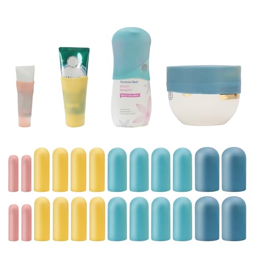 24 Pack Multi Sizes Silicone Bottle Covers Travel Essentials for Women, 2025 Cruise Ship Essentials, Travel Size Toiletries,Travel Accessories Must Have, Travel Gadget, Elastic Sleeves for leak proof