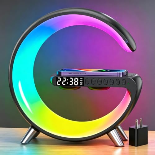 Smart LED Table Lamp, 5-in-1 Wireless Charger Alarm Clock | Night Light, Bluetooth Speaker with App Control, Bedside Lamp with Charging Station for Home Decor, Teen Girls Boys Gifts