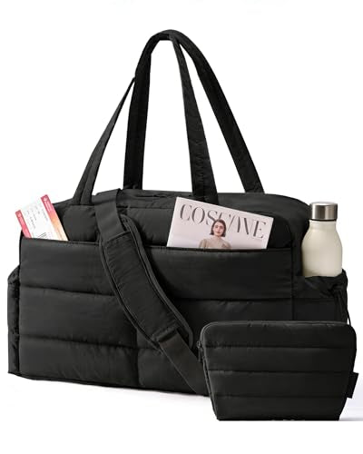 BAGSMART Gym Bag for Women, 2-PC Puffer Travel Duffle Bag Carry On Tote Bag