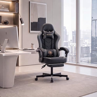 Kslysuty Desk Computer Gaming Chair - High Back Ergonomic Office Chair with Footrest and Lumbar Support, Swivel Comfy Home Gamer Video Game Chairs with Pocket Spring Cushion for Adults (Grey Leather)