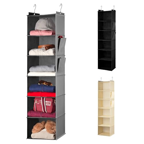 Handy Laundry Hanging Closet Organizer - 6 Shelf Storage for Clothes, Sweaters, Shoes & Accessories - Space-Saving Wardrobe Shelves with Hooks for Dorm, RV & Small Closet Organization (Grey)