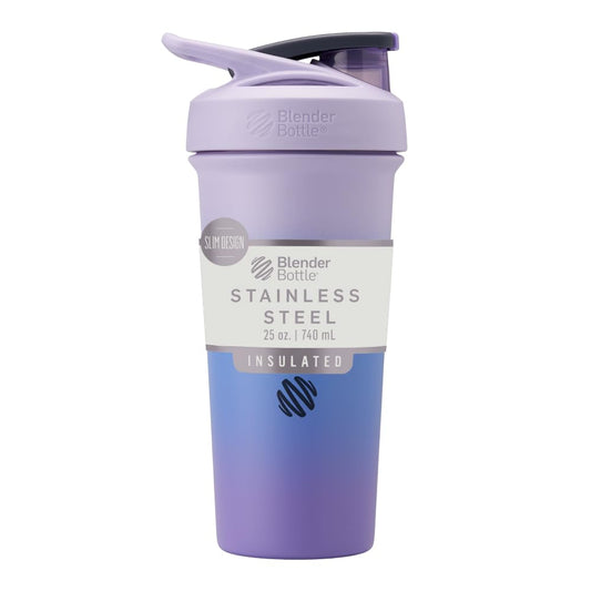 BlenderBottle Sport Sleek Insulated Stainless Steel Shaker Bottle with Wire Whisk, 25-Ounce, Lavender Ombre – Protein Shakes & Hydration for Athletes & Fitness Enthusiasts, Easy Mixing, Slim Easy to Hold, Keeps Drinks Cold, Lockable Lid