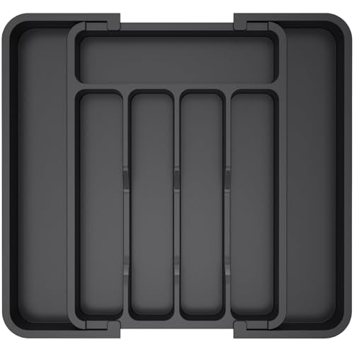 Lifewit Silverware Drawer Organizer, Expandable Utensil Tray for Kitchen, BPA Free Flatware and Cutlery Holder, Adjustable Plastic Storage for Spoons Forks Knives, 8.5"-14.1" x 12.1", Black