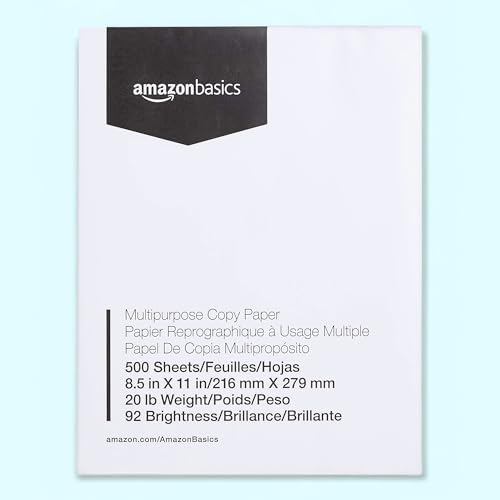 Amazon Basics Multipurpose Copy Printer Paper, 8.5 x 11 Inches, 20 lb, 92 Bright, White, 1 Ream (500 Sheets), Jam-Free
