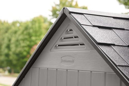 Rubbermaid Resin Outdoor Storage Shed With Floor (7 x 7 Ft), Weather Resistant, Gray, Organization for Home/Backyard/Garden Tools/Lawn Mower/Bike Storage/Pool Supplies