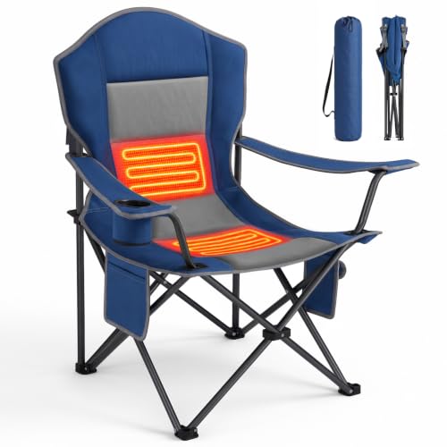 DUMOS Heated Camping Chair for Adults, Folding Chair for Outside | Padded 400 lbs Heavy Duty Support, 3 Heat Levels, 2 Heating Zones, for Outdoor Sports Lawn, Battery Not Included, Blue Grey