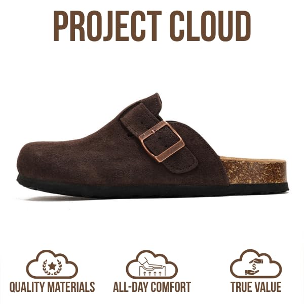 Project Cloud Genuine Leather Footbed Clogs for Women - Memory Foam Arch Support Slippers for Women - Trendy Slip-ons Women's Mules & Clogs Sandals (Benton, CHOCBRWNSUED, 10)