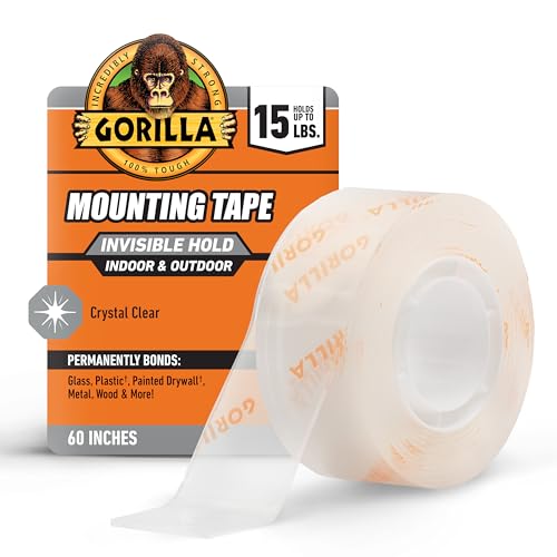 GORILLA Invisible Hold Mounting Tape, Holds Up to 15 lbs, Clear, 1" x 60"