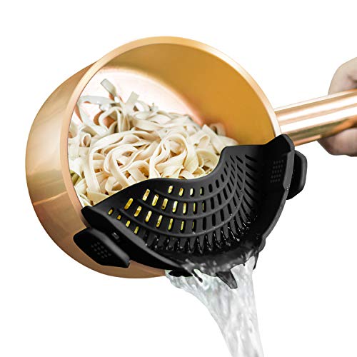 AUOON Clip On Strainer Silicone for All Pots, Standard 8.86 x 3.55in, Black | Food-grade BPA-free, Fits Pots Pans Bowls, Dishwasher Safe, for Pasta Noodles Vegetable Fruits, Space-saving Kitchen Gadget