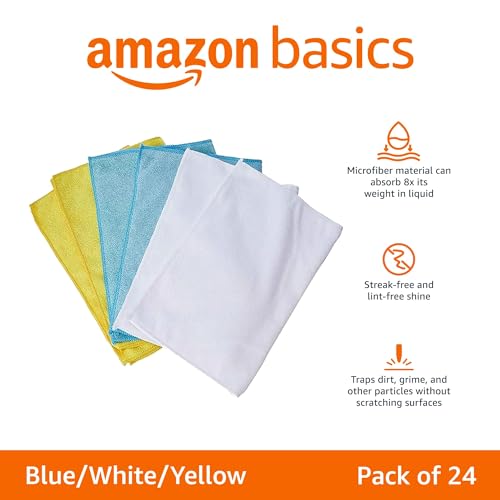 Amazon Basics Microfiber Cleaning Cloths, Lint Free, Absorbent, Streak Free, Non-Abrasive, Reusable and Washable, Pack of 24, Multicolor, 16" x 12"