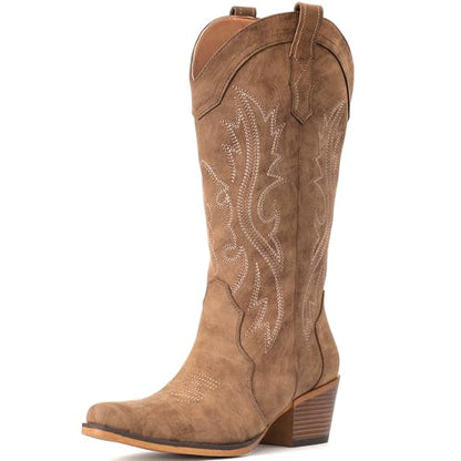 IUV Cowboy Boots For Women Western Cowgirl Boots Mid Calf Snip Toe