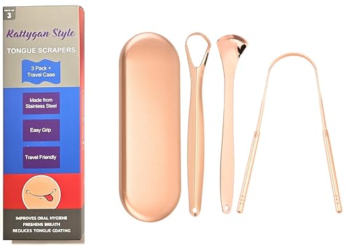 Rattygan Style Metal Tongue Scrapers, 3 Piece Set Stainless Steel Tongue Scrapers with Storage/Travel Case - Oral Hygiene Metal Tongue Cleaners (Rose Gold with Gift Box)