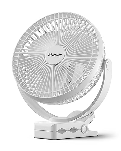 Koonie Portable Clip on Fan, 8-Inch 10000mAh USB Rechargeable Battery Operated, 4 Speeds, Strong Airflow, Sturdy Clamp for Office Desk Golf Car Outdoor Travel Camping Tent Gym Treadmill