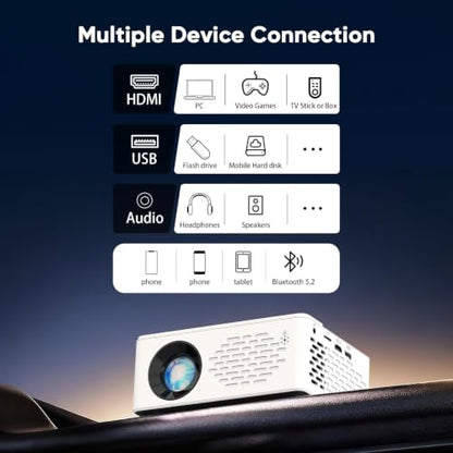1080P Mini Portable Projector, 2-way Bluetooth, with 80in Screen